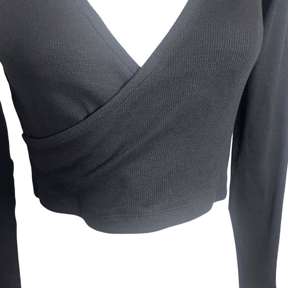 Brave Soul London Madelyn Black Ribbed Wrap Front Long Sleeve Crop Top M NEW - Picture 3 of 11